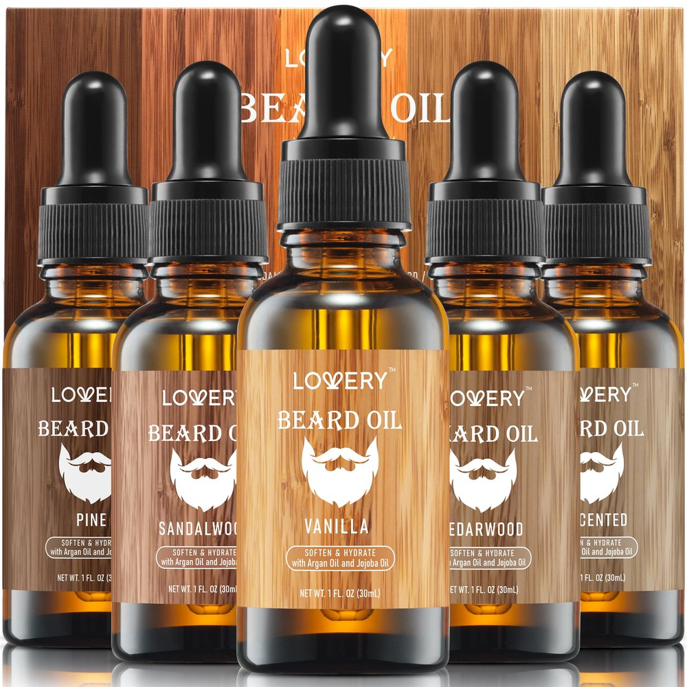 LOVERY (5 Pack Beard Oil for Men, Natural Mens Beard Oil Kit Variety Set - Sandalwood, Vanilla, Cedarwood, Pine, Unscented, W Argan & Jojoba Oil, Mens Beard Softener Grooming Gifts for Him