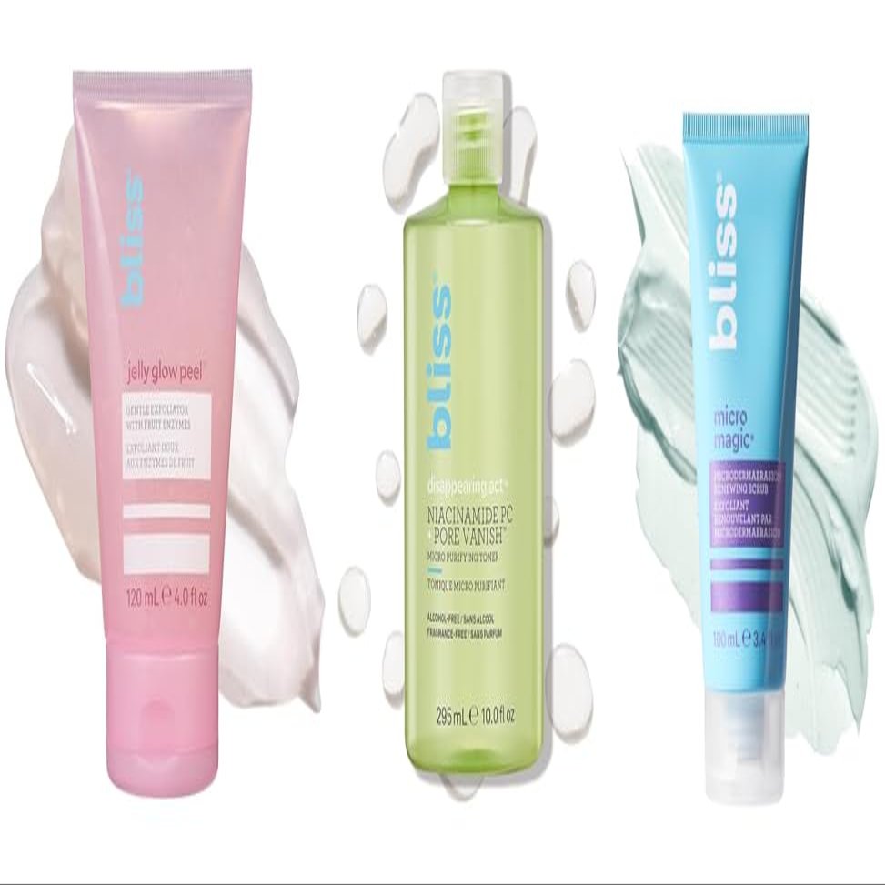 Bliss Ultimate Glow Set: Micro Magic Exfoliating Scrub, Disappearing Act Niacinamide Toner & Jelly Glow Peel Cleanser - Clean Skincare