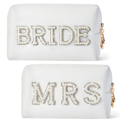 YONEEKSS 2 Pack Letter Makeup Bag Bride to be Patch Bling Pearl Rhinestone Patch Cosmetic Bag Travel Toiletry Bag for Wedding Bachelorette Party Bridesmaid Honeymoon for Women