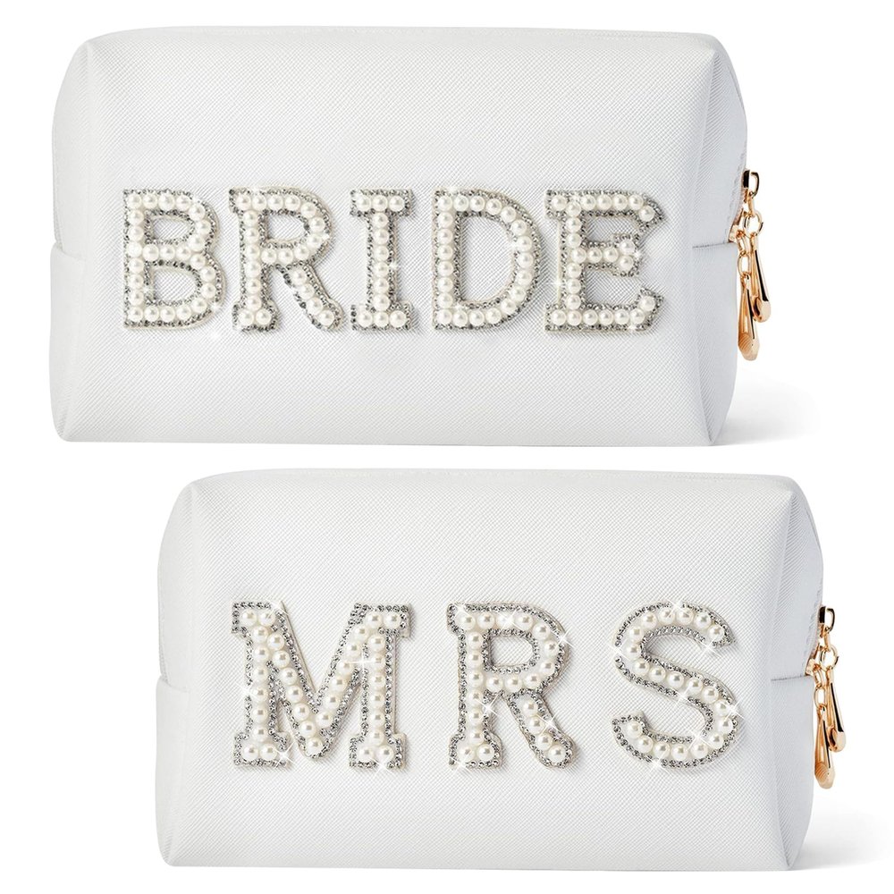YONEEKSS 2 Pack Letter Makeup Bag Bride to be Patch Bling Pearl Rhinestone Patch Cosmetic Bag Travel Toiletry Bag for Wedding Bachelorette Party Bridesmaid Honeymoon for Women
