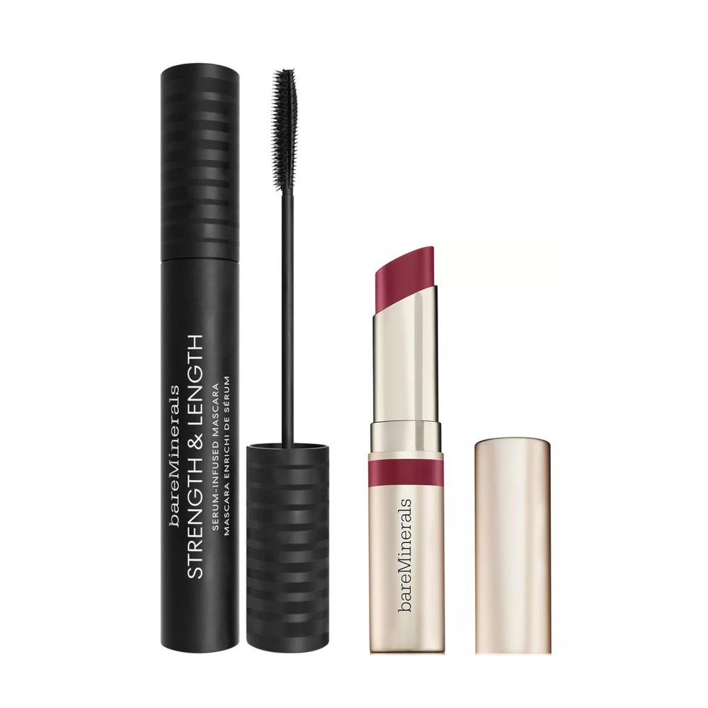 bareMinerals Strength & Length Serum-Infused Black Mascara + Dewy Lip Gloss-Balm