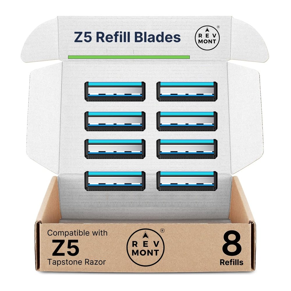 RevMont Z5 Refill Blades, Replacement Blades for the RevMont Z5 Tapstone Razor, 8ct | Z5 Refills, Razor Blade Refills, Shaving Blades for Men, 5-Blade Razor, 8 Refills