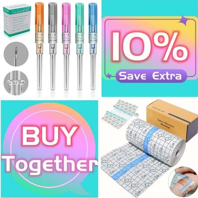50Pcs Mixed IV Piercing Catheter Needles - Tattoo Aftercare Waterproof Bandages 6" x11 Yard
