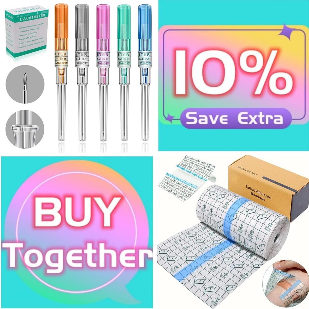 50Pcs Mixed IV Piercing Catheter Needles - Tattoo Aftercare Waterproof Bandages 6" x11 Yard