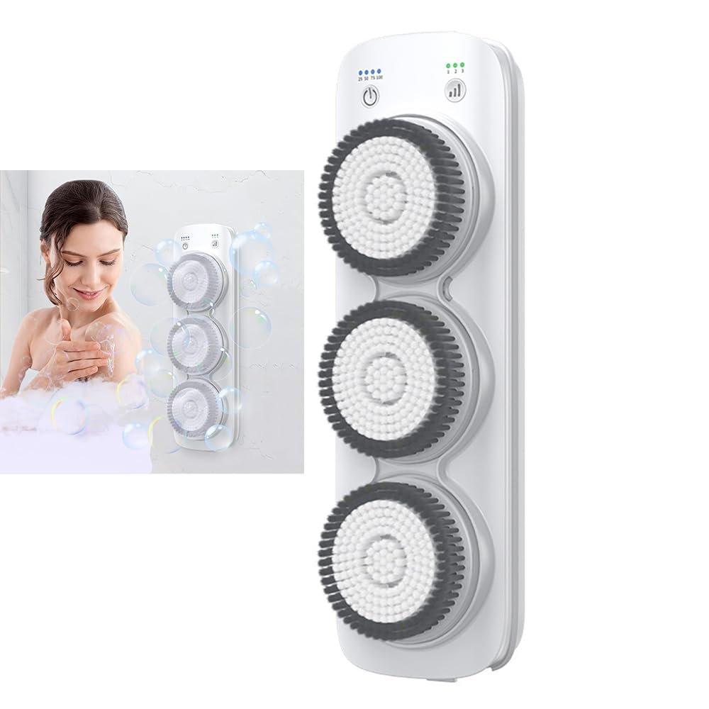 Electric Body Brush, Wall-Mounted Bathing Brush, Intelligent Back Scrubbers, Adjustable Height, Fully Automatic 360-Degree Rotation, with Three Spin Skin Bath Brush Heads, IPX7 Waterproof