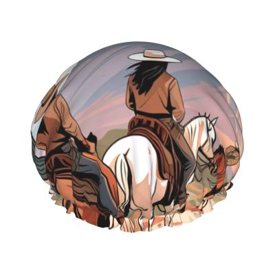 Cowboys Riding Horses Printed Waterproof Shower Cap for Women,Reusable Double layer Shower Caps with PEVA Lining