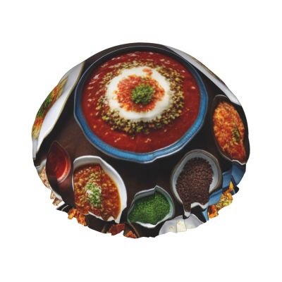 Different food Printed Waterproof Shower Cap for Women,Reusable Double layer Shower Caps with PEVA Lining
