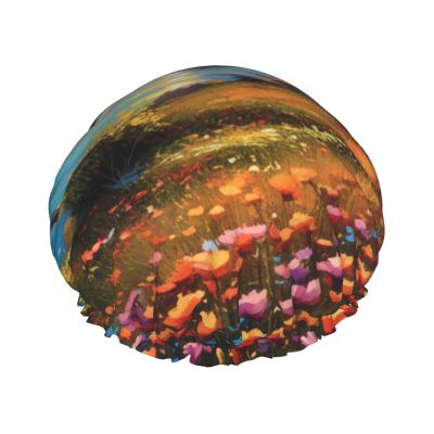 sunset flower field Printed Waterproof Shower Cap for Women,Reusable Double layer Shower Caps with PEVA Lining