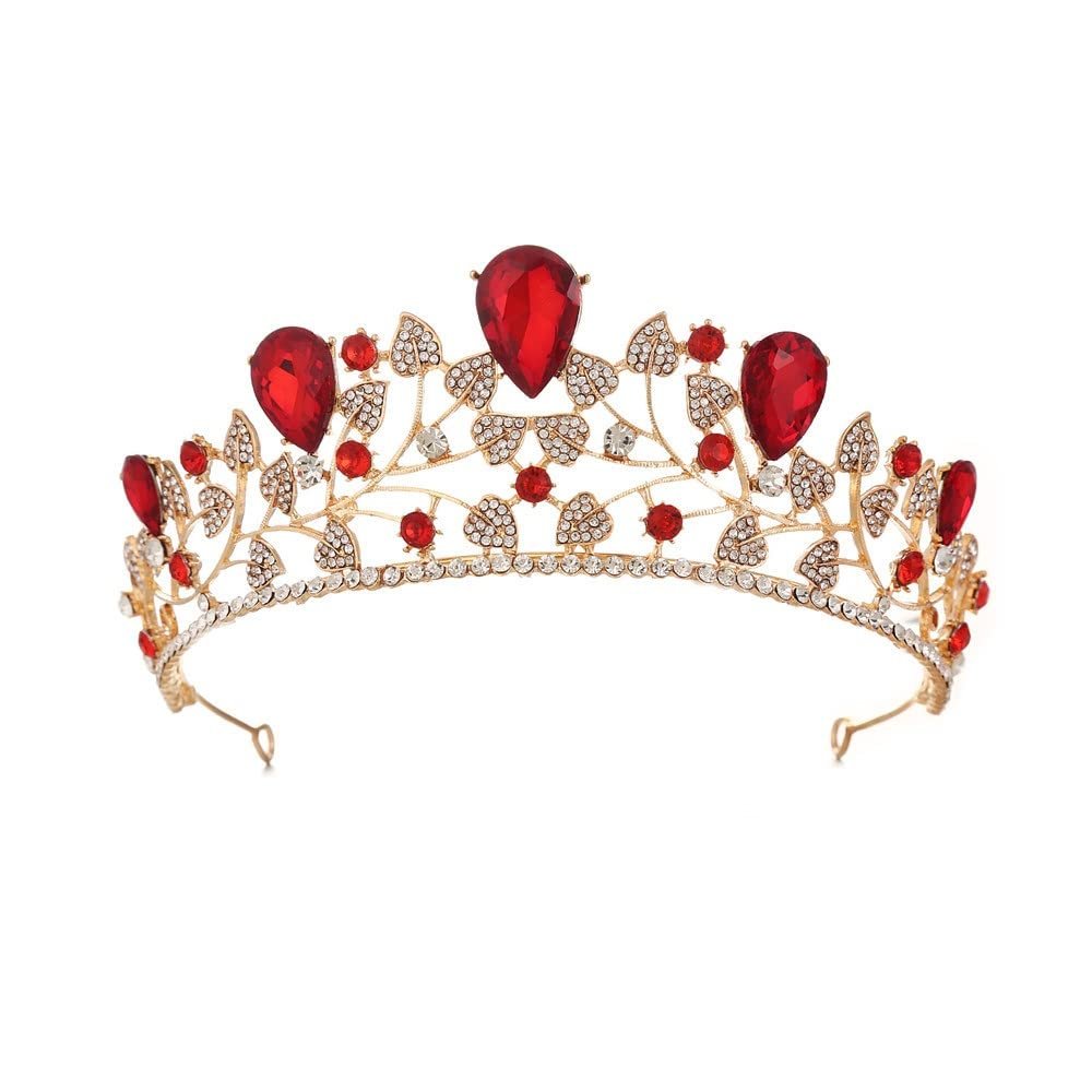 Europe and The United States Retro Crown Rhinestone Wedding Queen Gold Big Crown Wedding Tiara, Banquet, Wedding, Party Performance,Best Choice(Red)