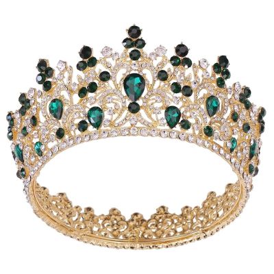 STBTOO Tiaras and Crowns for Women, Baroque Round Royal Queen King Crystal Crowns Diadem Banquet Tiaras Prom Pageant Party Wedding Costume Hair Jewelry (Color : H170 Gold Blue)(Green)