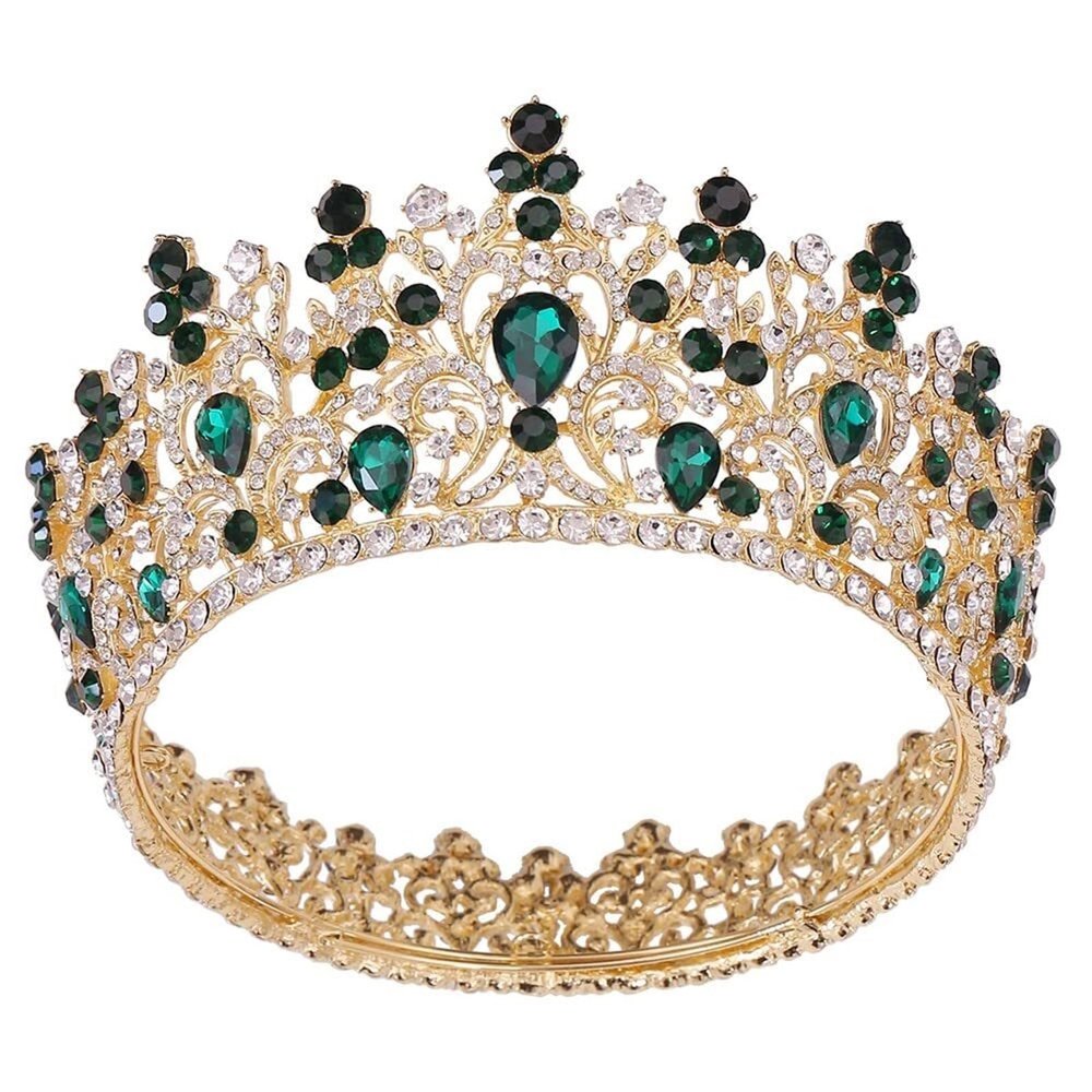 STBTOO Tiaras and Crowns for Women, Baroque Round Royal Queen King Crystal Crowns Diadem Banquet Tiaras Prom Pageant Party Wedding Costume Hair Jewelry (Color : H170 Gold Blue)(Green)