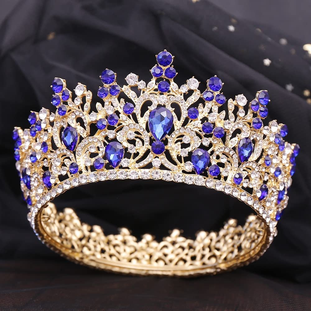 STBTOO Tiaras and Crowns for Women, Baroque Round Royal Queen King Crystal Crowns Diadem Banquet Tiaras Prom Pageant Party Wedding Costume Hair Jewelry (Color : H170 Gold Blue)(Blue)