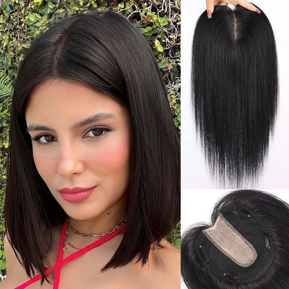 starluck 5x5 inch Lage Silk Base 14 Inch Real Human Hair Toppers for Women,60 Gram High volume, 100% Real Human Hair Toppers for Women with thinning hair hair lossBlack, no Bangs