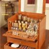 Makeup Storage Box Retro Wood Makeup Organizer with Mirror and 2 Drawers, Large Cosmetic Skincare Brush Holder Display Storage Box Cabinet, Bathroom Dresser Desk Office Storage Organizer Cosmetic Stor view 3