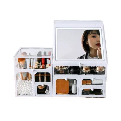Makeup Storage Box 3 in 1 Stackable Cosmetic Makeup Organizer Box with Mirror and Drawers, Make Up & Jewelry Storage Display Case , Spacious Design Great Holder for Dresser, Bathroom, Vanity & Counter