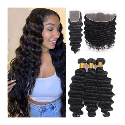 Hair Extensions Loose Deep Wave Bundles with Closure 10-40inch Brazilian Human Hair Extension Free Part Curly Weave 3 4 Bundles with Lace Closure Natural Color human hair bundles(13" x 4",26 26 26with