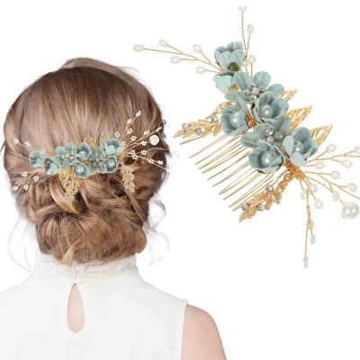 Garneck Bridal Headpiece Green Crystal Hair Comb Wedding Accessories Women Rhinestone Emerald Green Hair Clips Girls Gold Leaves Hair Pins Headress For Party Bride Prom Engagement