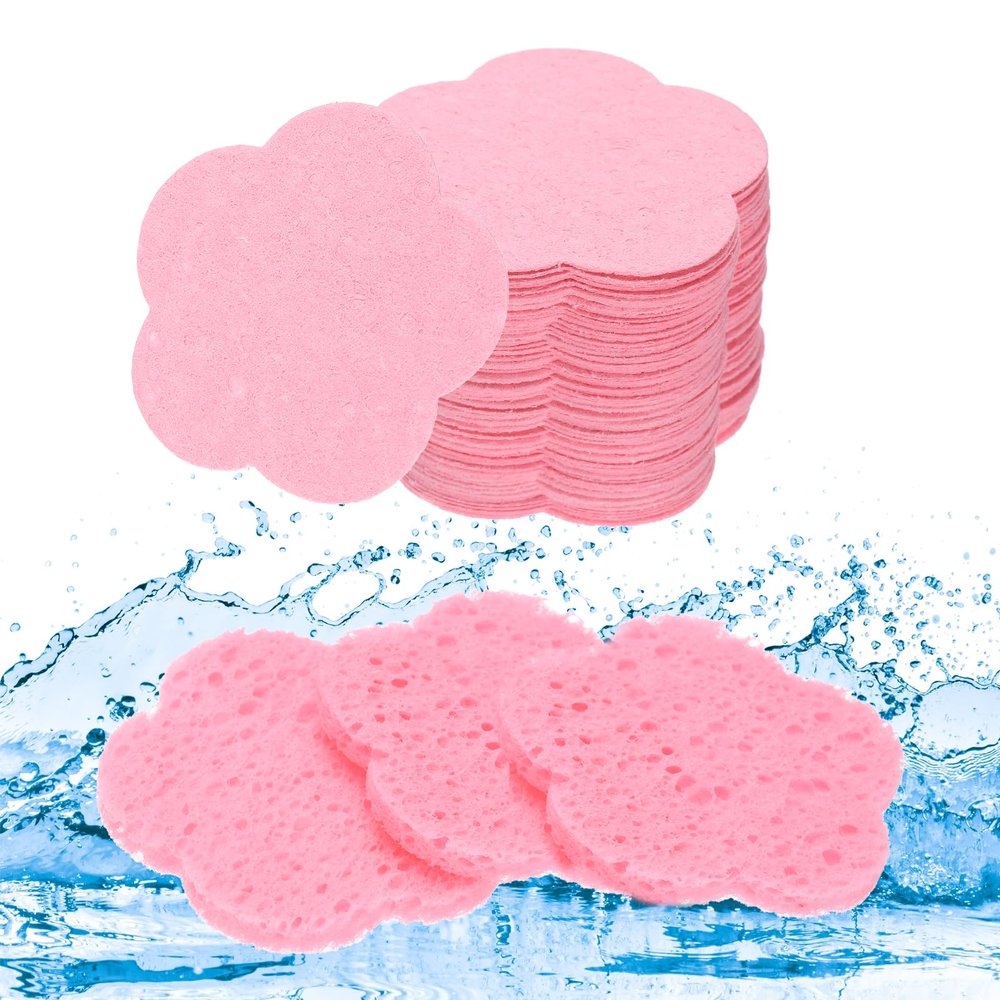 uxcell 60 Count Compressed Facial Sponges Flower Face Cleansing Sponges Pads for Daily Skincare Routines at Home, Kitchen, Travel, Pink