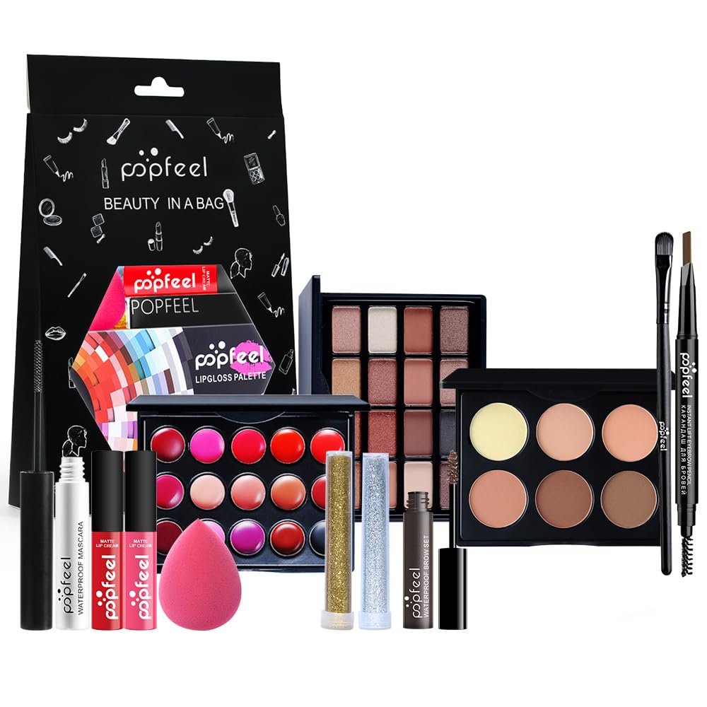 All In One Makeup kit with Eyeshadow Palette,lip gloss palette,Mascara,eyebrow pencil,powder puff,colorful eye pigment,makeup set for women or travel