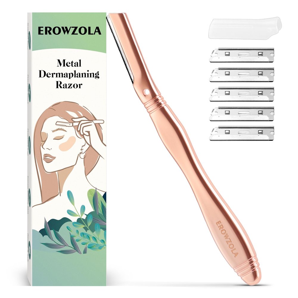 EROWZOLA Eyebrow Razor for Women and Men, Face Razors for Women, Dermaplane Razor with Protective Silicone Cover, Reusable Metal Handle with 6 Refill Blades, Skin Care Tool - Rose Gold