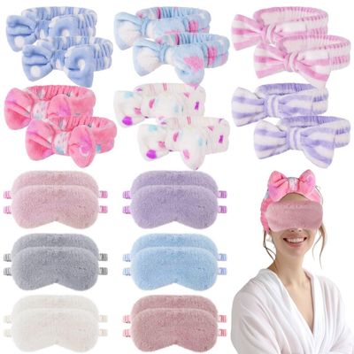 Chewtoyo 24 Pcs Eye Mask and Headband, Sleepover Party Favors for Teenagers Women, Sleepover Party Eye Mask Headband, Spa Party Soft Plush Sleep Eye Cover, Elastic Bow Hair Band
