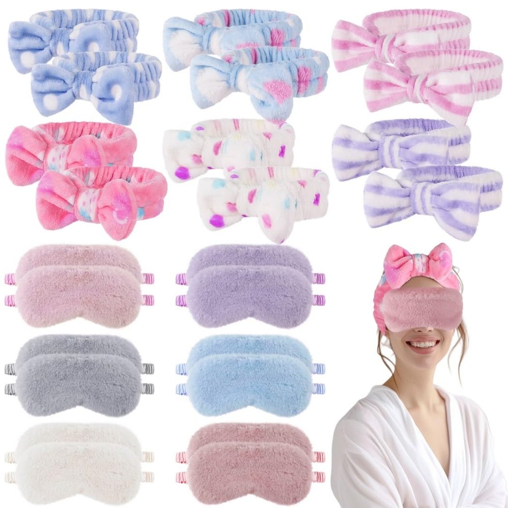Chewtoyo 24 Pcs Eye Mask and Headband, Sleepover Party Favors for Teenagers Women, Sleepover Party Eye Mask Headband, Spa Party Soft Plush Sleep Eye Cover, Elastic Bow Hair Band