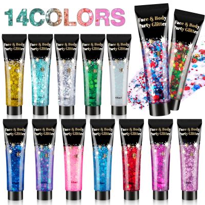 AROIC 14 Colors Body Glitter, Face & Hair Glitter Gel Set for Mardi Gras, Eye Shimmer for Women Glow in the Dark Rave Accessories Party Supplies, Face Paint Hair/Cheek/Eyelid Sparkle Makeup(18ml/Tube)