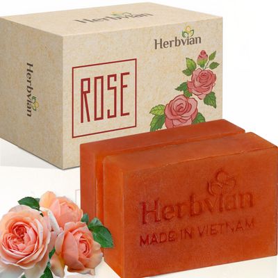 2 Pcs Rose Herbal Soap Bars with Cymbopogon Martinii Scent and Lonicera Japonica, Moisturizing Soap Bars, Bath Body and Face Soap, Rosa Cleanser Soap Bar, Soap for Men, Women, Teen and All Skin Types