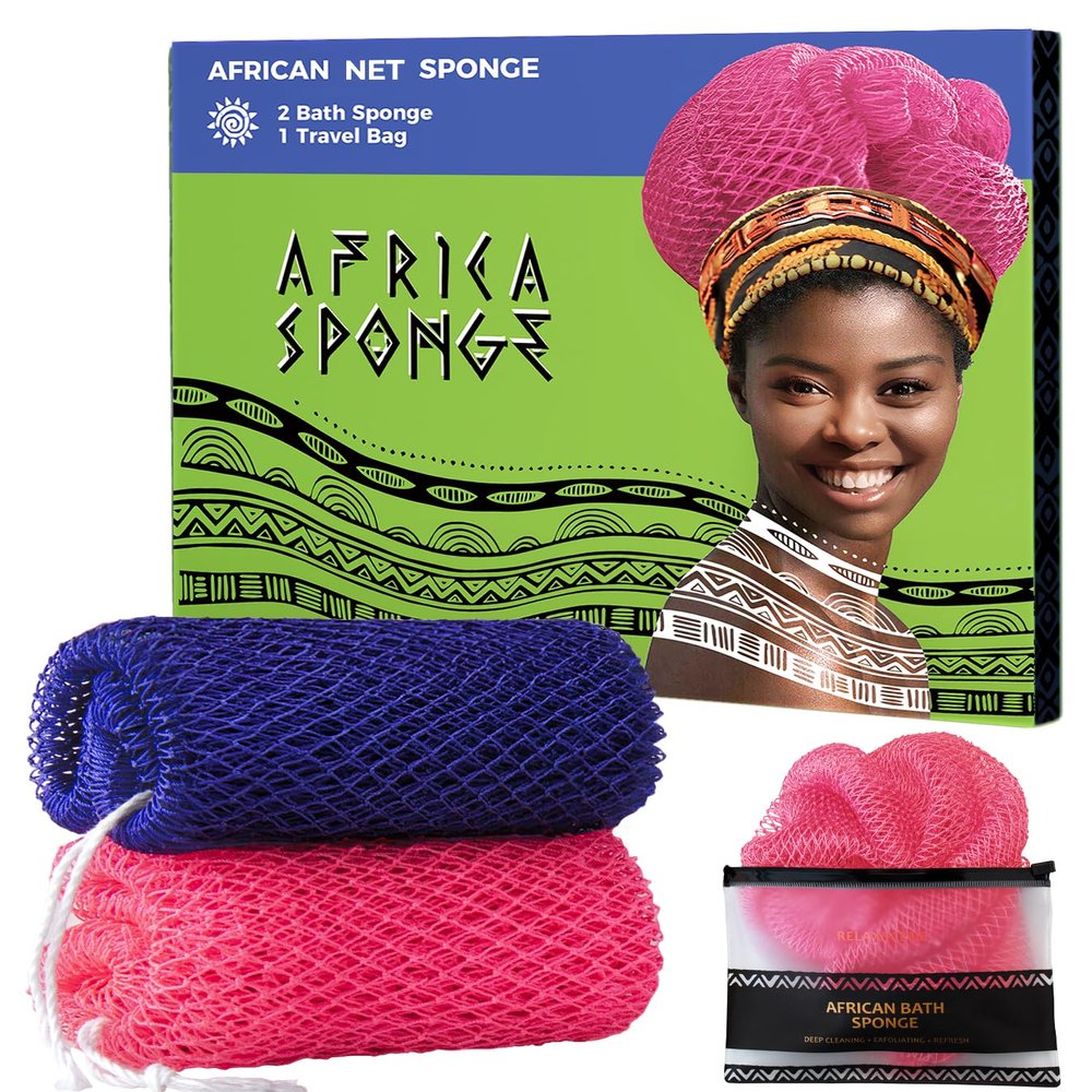 Loofah Sponge African Net Authentic - 2 Pieces Real African Exfoliating Sponge with Knots - African Net Wash Cloths for Body Scrubber Exfoliator Purple & Pink - Back Scrub for Shower Bath Accessories