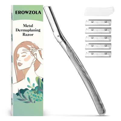 EROWZOLA Eyebrow Razor, Face Razors for Women and Men, Reusable Metal Handle with 6 Refill Blades, Eyebrow Trimmer with Precision Cover, Dermaplane Razor, Skin Care Tool - Shiny Silver