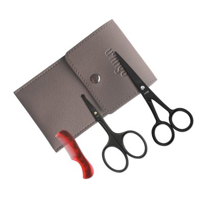 LIVINGO Sharp 4.5" Mustache Scissors, 3.5" Round Tip Nose Hair Scissors, Small Comb with Leather Pouch, Stainless Steel Grooming Facial Scissors Kit, Black