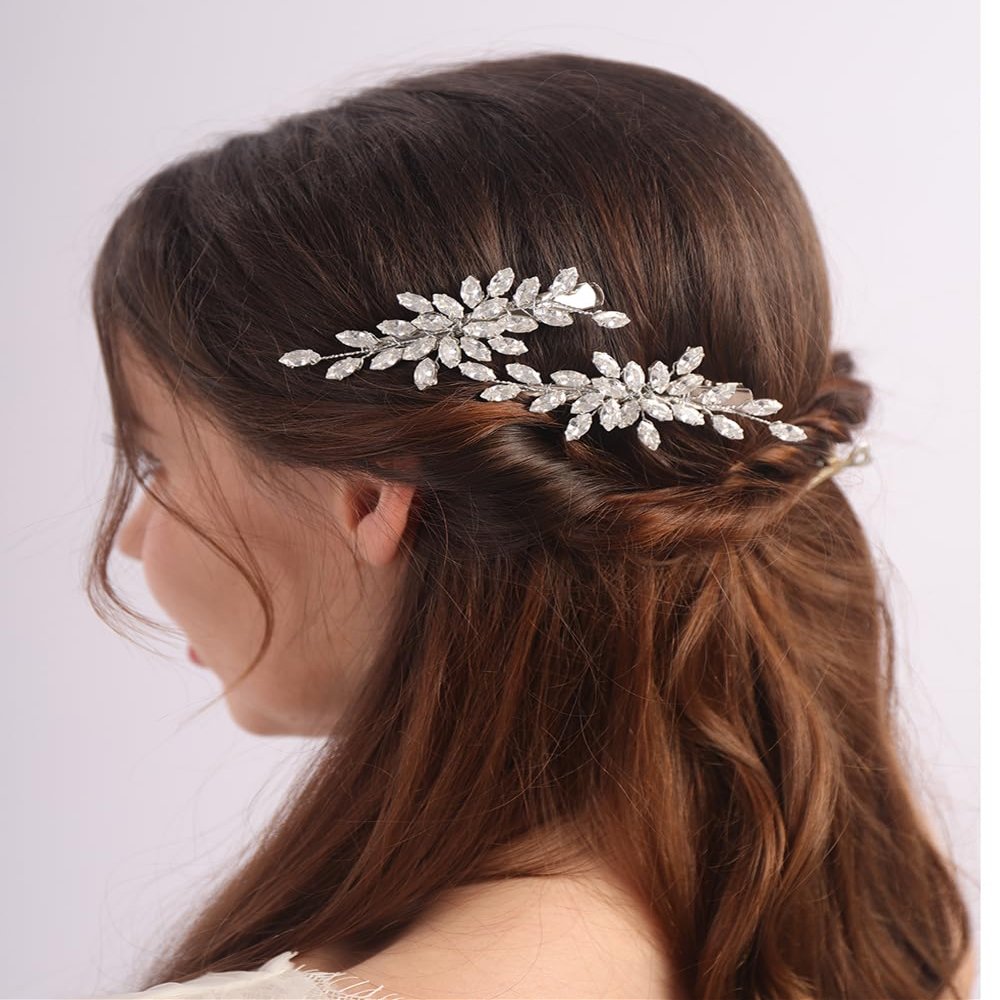 Teyglen Silver Rhinestone Bridal Hair Clips Crystal Wedding Hair Barrette for Women Decorative Hair Accessories Jewelry Sparkly Crystal Hair Piece (Silver)