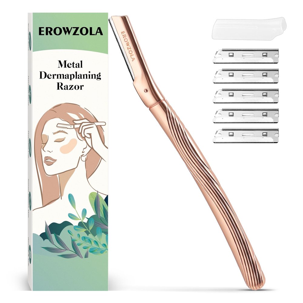 EROWZOLA Eyebrow Razor, Face Razors for Women and Men, Reusable Metal Handle with 6 Refill Blades, Eyebrow Trimmer with Precision Cover, Dermaplane Razor, Skin Care Tool - Rose Gold