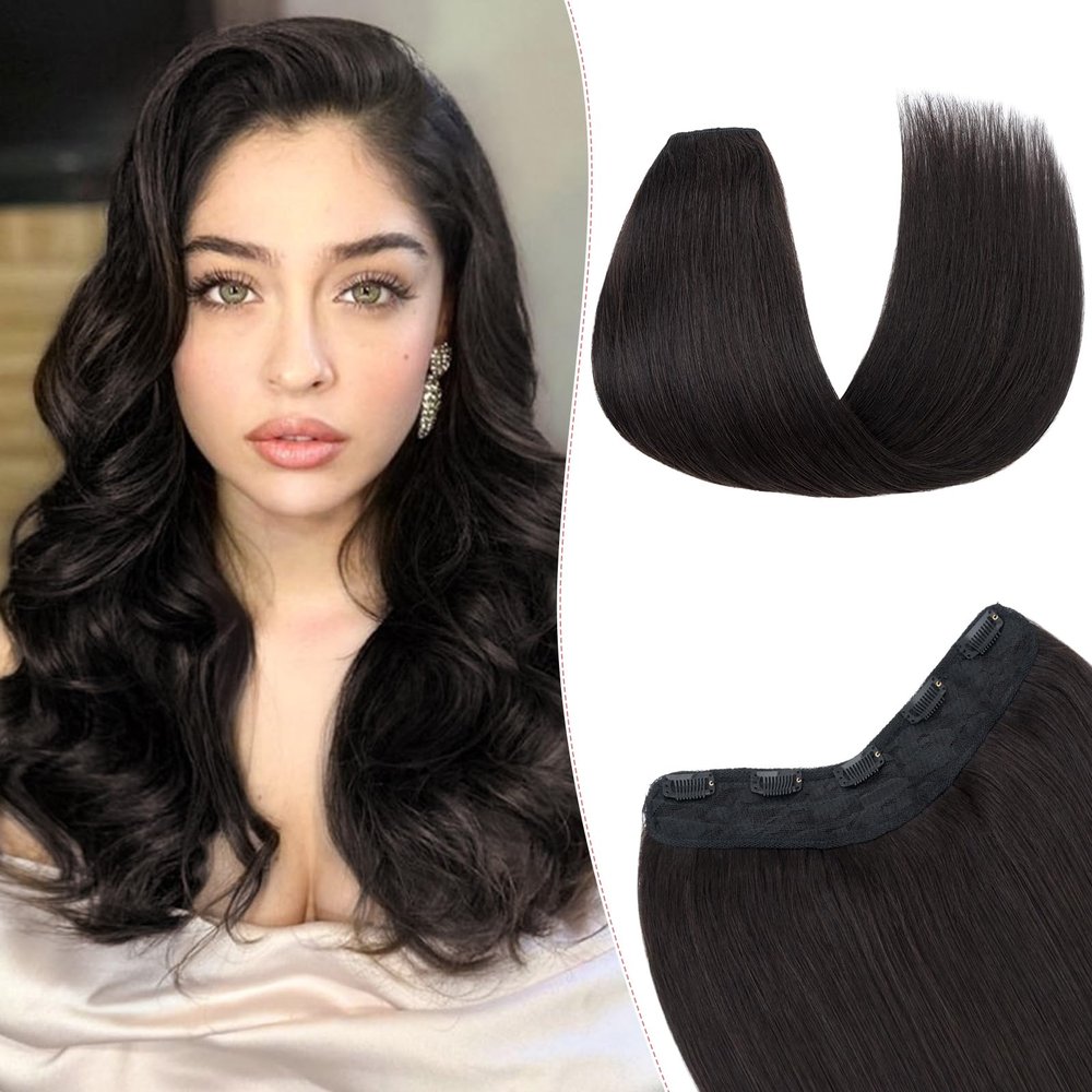 SEGO Pro One Pieces Clip in Hair Extensions Human Hair Upgraded V-Shaped 5 Clips in Hair Extensions Human Hair Long One Piece Hairpiece for Women,20 Inch,#1B Natural Black,70g