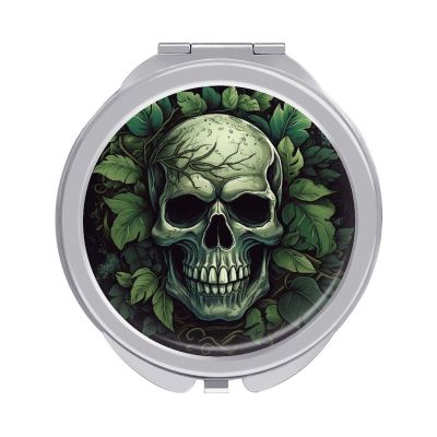 GFLFMXZW Skull and Green Leaves Travel Makeup Mirror, 1x/2x Magnification, Portable Pocket Mirror for Purse Round Mini Cosmetic Compact Mirror Cute Handbag Mirror
