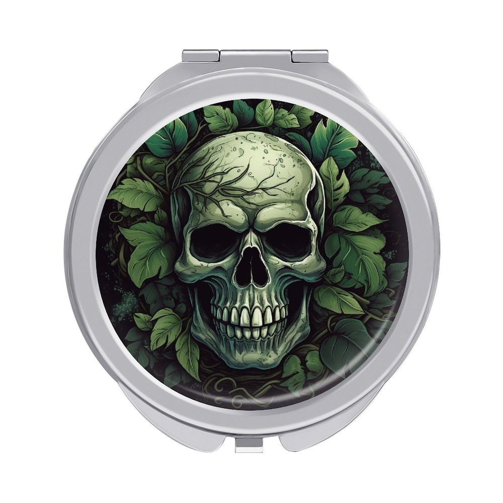 GFLFMXZW Skull and Green Leaves Travel Makeup Mirror, 1x/2x Magnification, Portable Pocket Mirror for Purse Round Mini Cosmetic Compact Mirror Cute Handbag Mirror