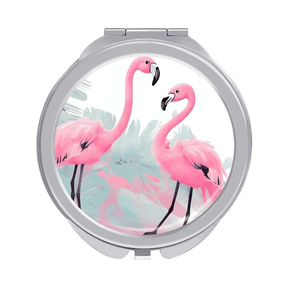 GFLFMXZW Love Flamingo Travel Makeup Mirror, 1x/2x Magnification, Portable Pocket Mirror for Purse Round Mini Cosmetic Compact Mirror Cute Handbag Mirror