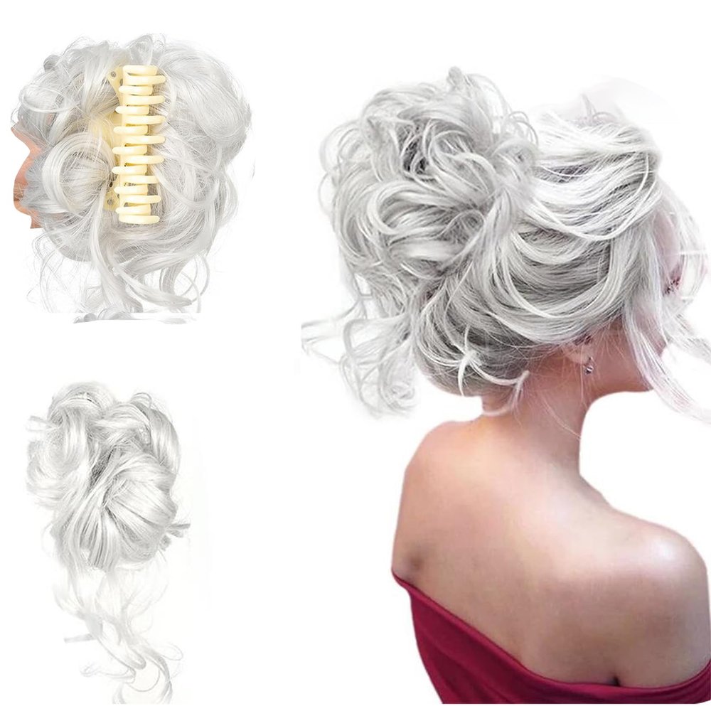 WTKYLMP Curly Bun Hair Claw Clips,Messy Bun Hair Piece,Tousled Updo Hair Bun Curly Clip,Wavy Curly Hair Wrap Ponytail,Synthetic Hairpieces Hair Scrunchies Chignon For Women Girls (Light gray)