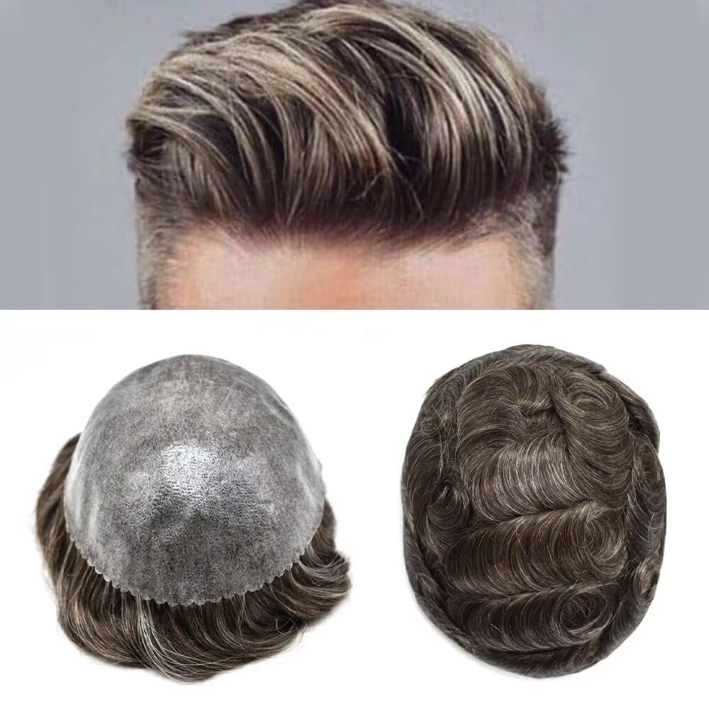 LYRICAL HAIR Toupee for Men Hair Replacement Systems Thin Skin Mens Toupee Full PU Injection Mens Human Hairpiece Units 6X9#440 Medium Brown+ 40% -120% Medium Light to Medium Density