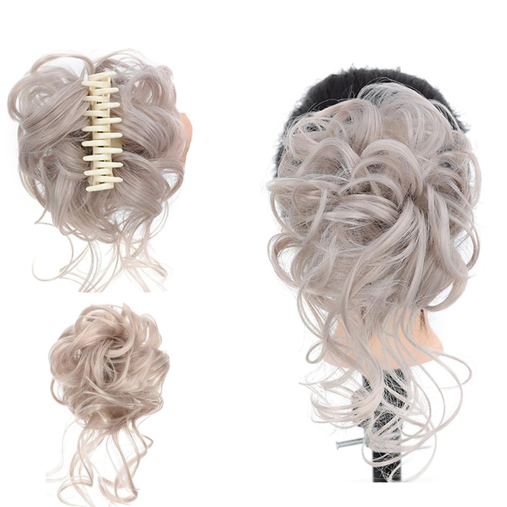 WTKYLMP Curly Bun Hair Claw Clips,Messy Bun Hair Piece,Tousled Updo Hair Bun Curly Clip,Wavy Curly Hair Wrap Ponytail,Synthetic Hairpieces Hair Scrunchies Chignon For Women Girls (Light color)