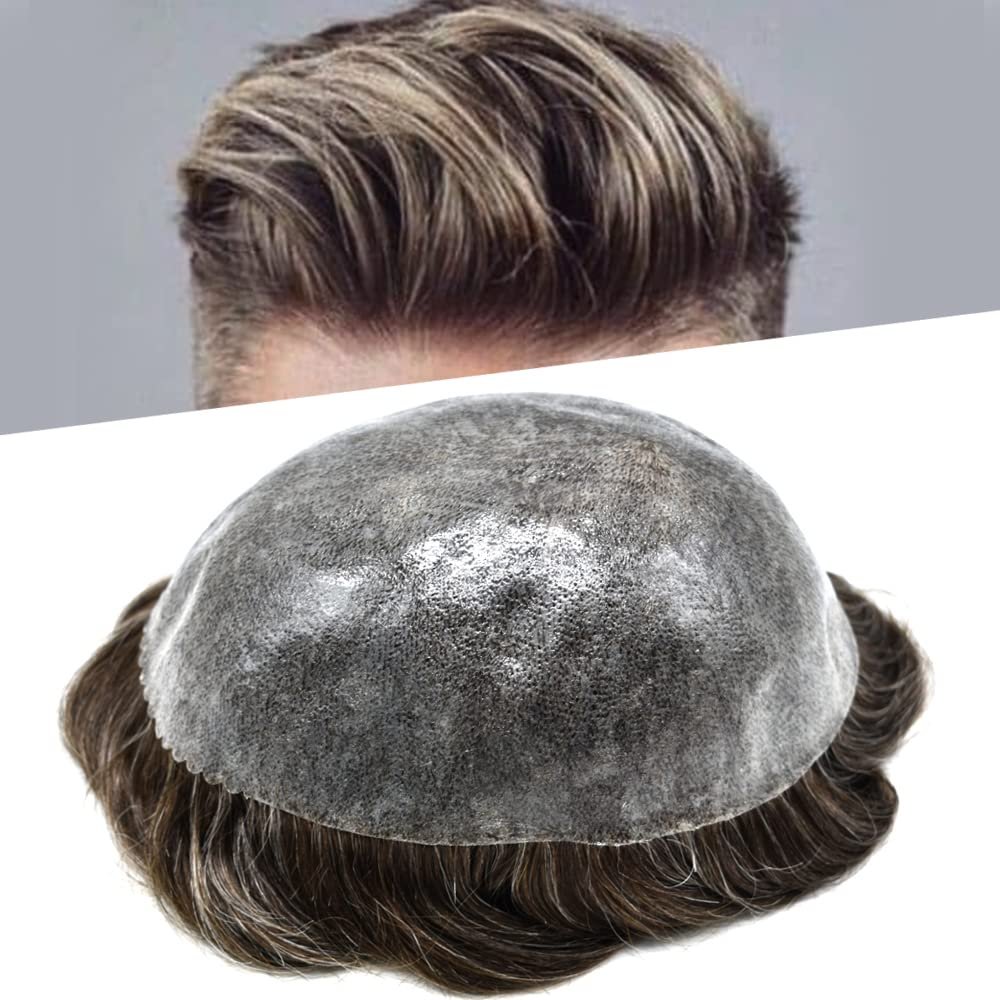 LYRICAL HAIR Toupee for Men Hair Replacement Systems Thin Skin Mens Toupee Full PU Injection Mens Human Hairpiece Male Prothesis Wig (7X9-#630 6# LIGHT BROWN+30% SYNTHETIC)