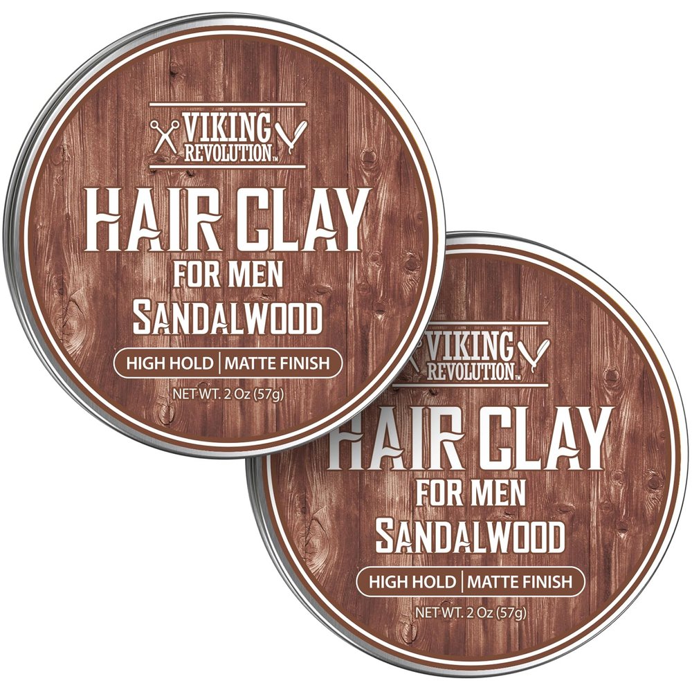 Viking Revolution Sandalwood Hair Clay  Strong Hold & Matte Finish, Texturizing Hair Clay for Men  Beeswax, Jojoba Wax & Vitamin E  Effortless Styling with Sandalwood Scent (2 pack, 2oz each)