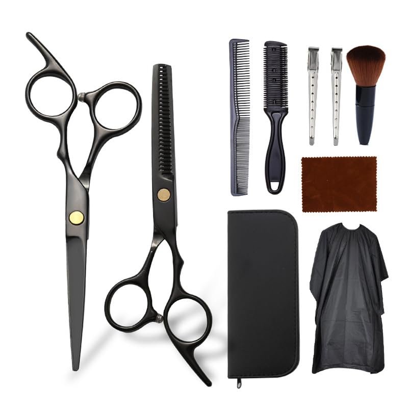 11-piece black stainless steel hairdressing scissors Flat cut bangs thin broken hair teeth scissors professional 6.0 Overall Length - Fine Adjustment Tension Screw - Premium Shears for Hair Cutting