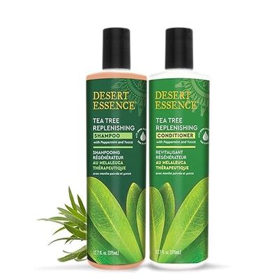 Desert Essence Tea Tree Replenishing Shampoo and Conditioner Bundle - 12.7 Fl Ounce - Therapeutic - Peppermint & Yucca - All Skin Types - Tea Tree Oil - Restore & Nurture Hair