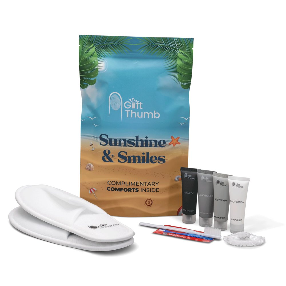 Guest Amenities, Toiletries and Essentials kit for Airbnb, VRBO, Rental Properties, Includes Slippers, Toiletries, Shower Cap, Dental Kit (Blue (Sunshine & Smiles), 10-pouch pack)