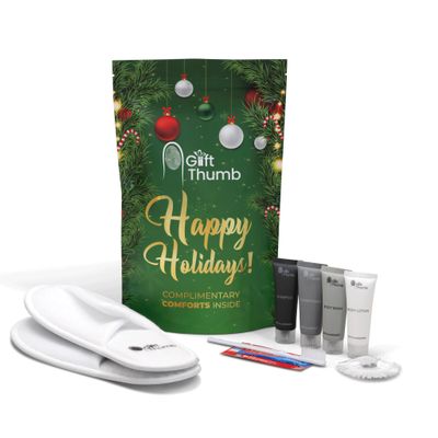 Guest Amenities, Toiletries and Essentials kit for Airbnb, VRBO, Rental Properties, Includes Slippers, Toiletries, Shower Cap, Dental Kit (Dark Green (Happy Holidays), 10-pouch pack)