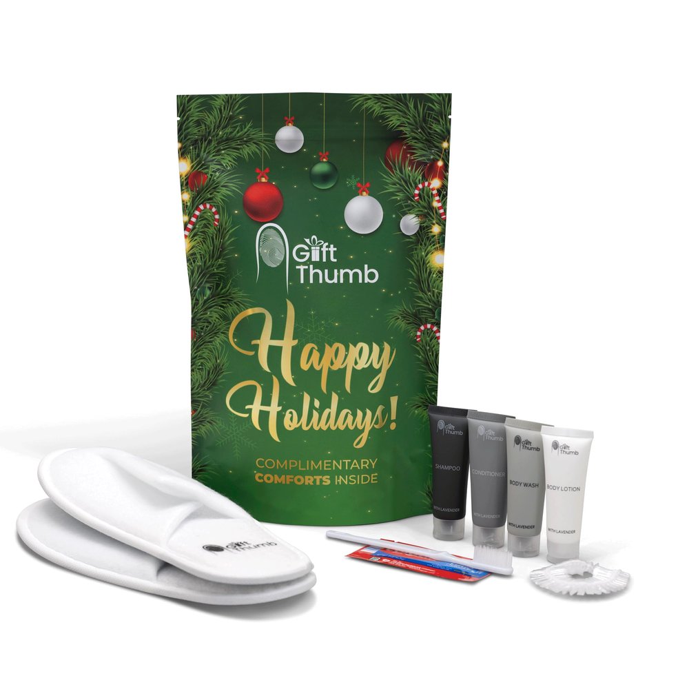 Guest Amenities, Toiletries and Essentials kit for Airbnb, VRBO, Rental Properties, Includes Slippers, Toiletries, Shower Cap, Dental Kit (Dark Green (Happy Holidays), 10-pouch pack)