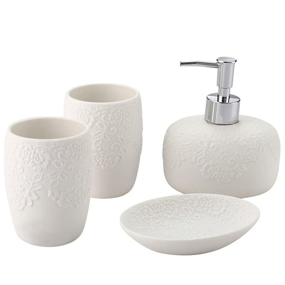 MAKEJ Ceramic White Bathroom Accessory Sets Decoration Toothbrush Cup Shampoo Dispenser Soap Dish Creative Toilet Organizer Supplies