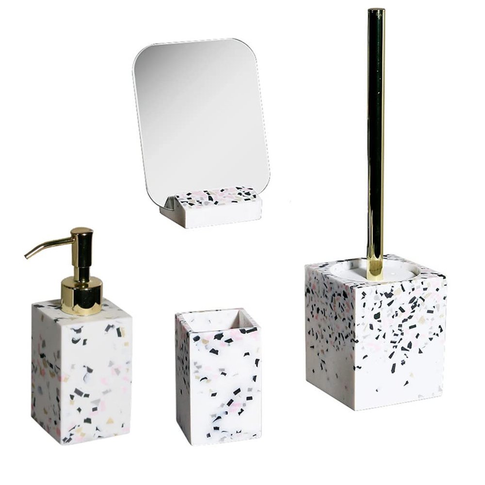 MAKEJ Home Creative Terrazzo Lotion Bottle Water Cup Makeup Toilet Brush Four-Piece Set Bathroom Accessory Set