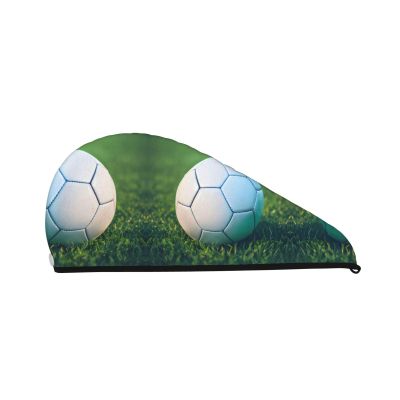 SamLng Green Soccer Ball On Grassy Coral Velvet Dry Hair Cap Perfect for Home, Travel, Pool Parties, Beaches, Baths, and More